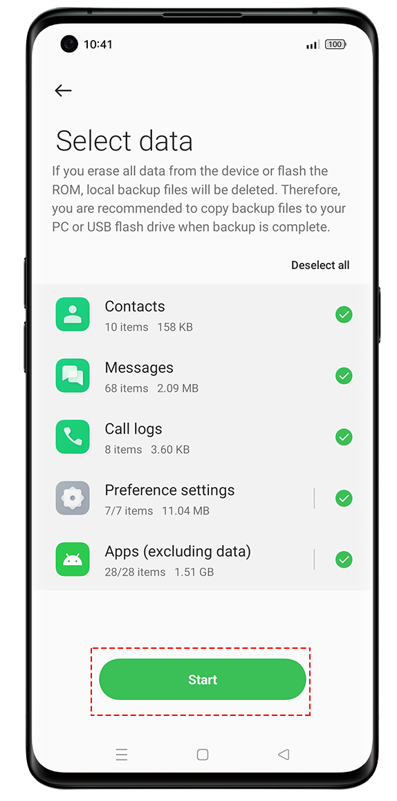 OPPO Select Data to Back up