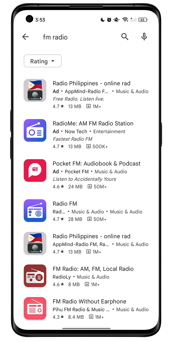 Search for FM Radio Application in Google Play Store.