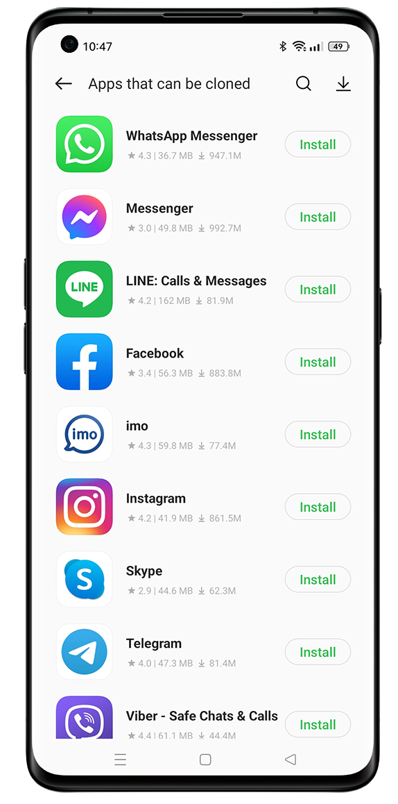 Apps that can be cloned by OPPO app cloner.
