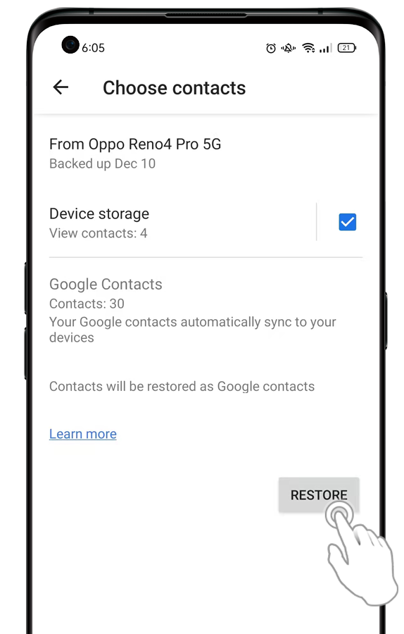 Restore contacts on SIM card through Google back up