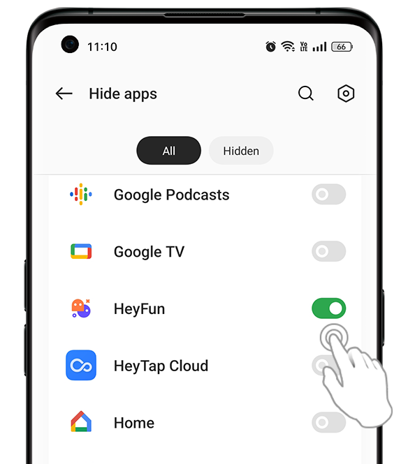Toggle to hide an application on your OPPO smartphone.
