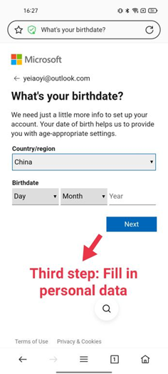 fill the personal data Microsoft account 