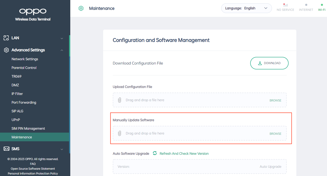 Click“BROWSE” under “Manually Update Software” and select the correct ozip file.