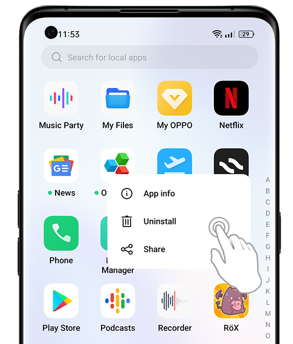 Uninstall an application from your OPPO phone's App Drawer
