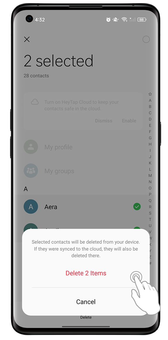 Confirm the deletion of the following contacts on your OPPO smartphone's contacts