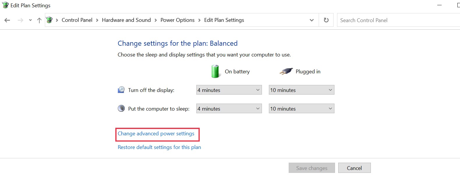 change advanced power settings