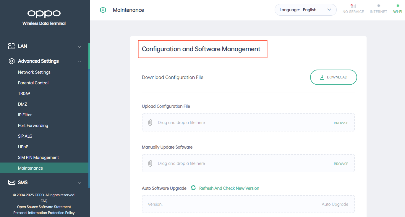Drop-down page to “Configuration and Software Management”