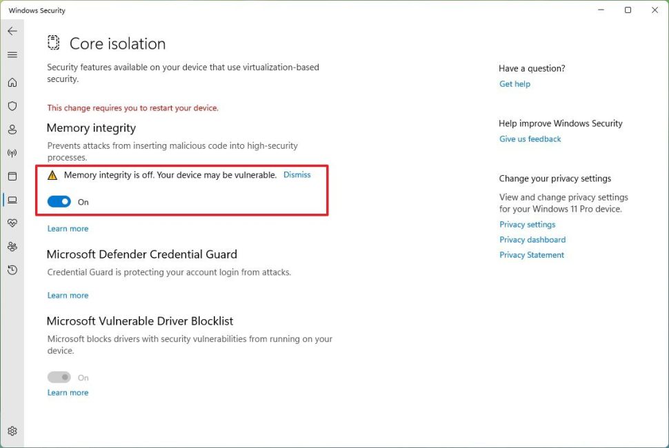 realme laptop core isolation 