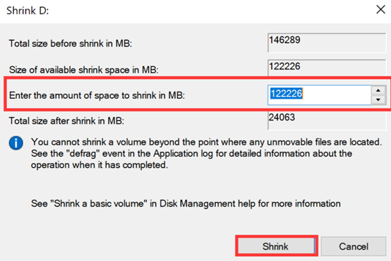 Enter the amount of space to shrink in MB.