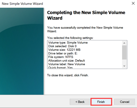 Finish the New Simple Volume Wizard