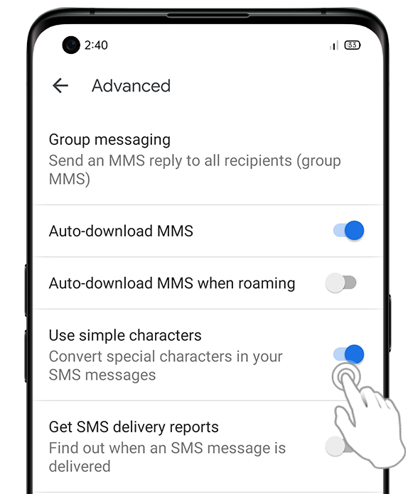 What is Simple Characters in Google Message App?