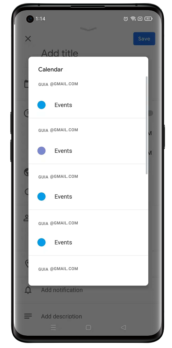 OPPO's Google Calendar, choose an email for event