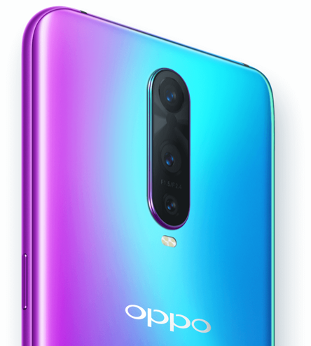 An OPPO phone with a purple and blue cover