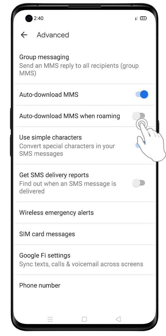 I don't want MMS to download when I am abroad in my Google Message App?