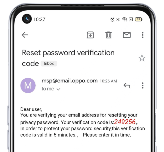 OPPO A74 5G Verification code emailed by OPPO 