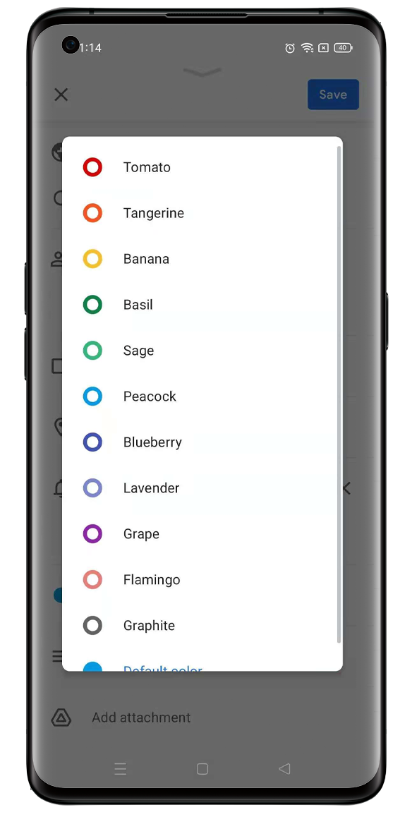 OPPO's Google Calendar, choose a color