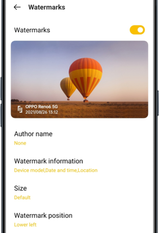 Watermark options in Reno6 series